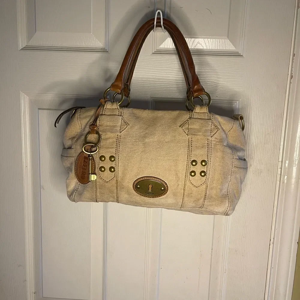 Fossil long live vintage khaki burlap Boston bag with leather tan straps .